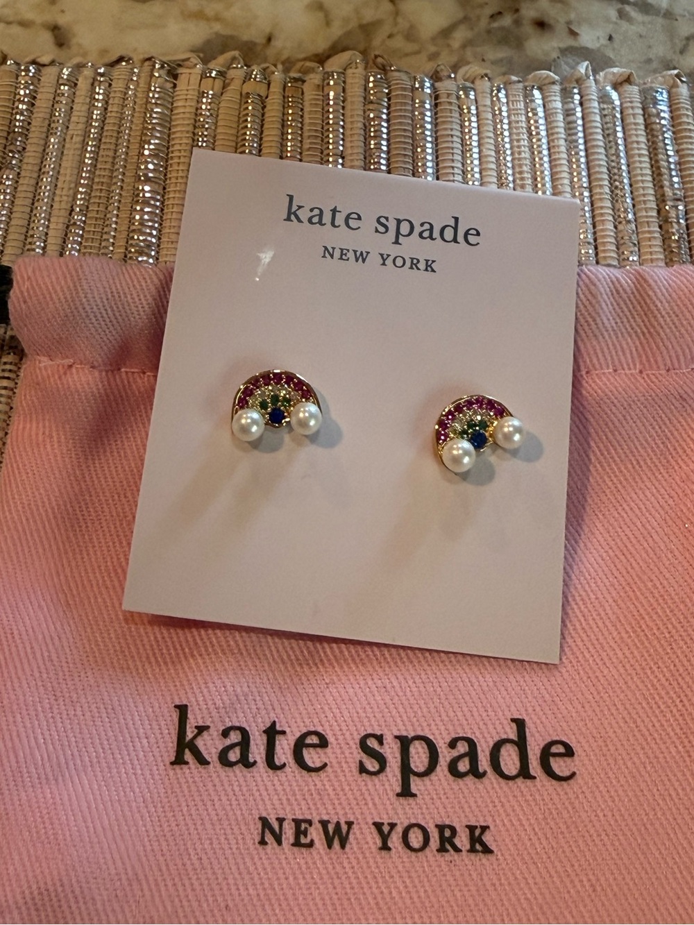 NEW kate spade new york Wishes Rhinestone Faux Pearl Rainbow Stud Earrings - Picture 2 of 9
